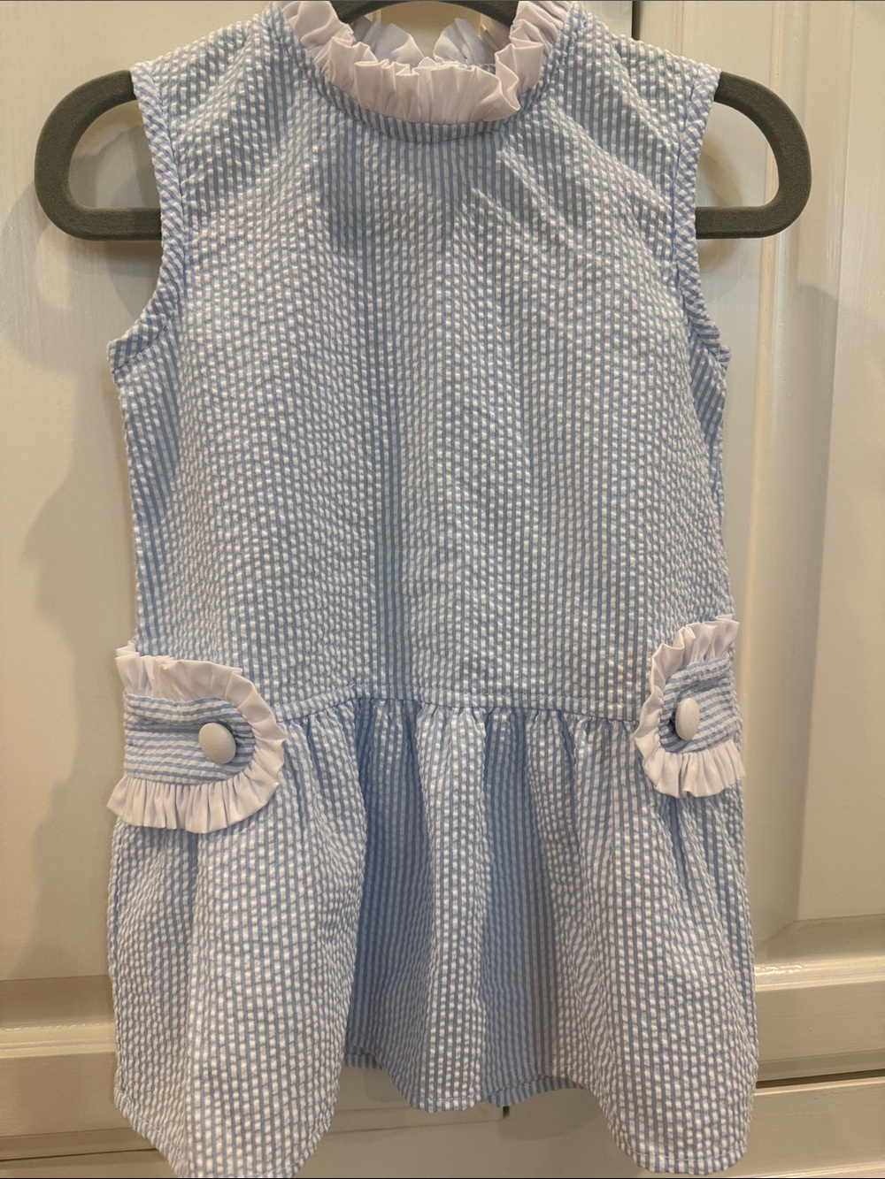 Classic Light Blue Seersucker Ruffle Little Girl Dress